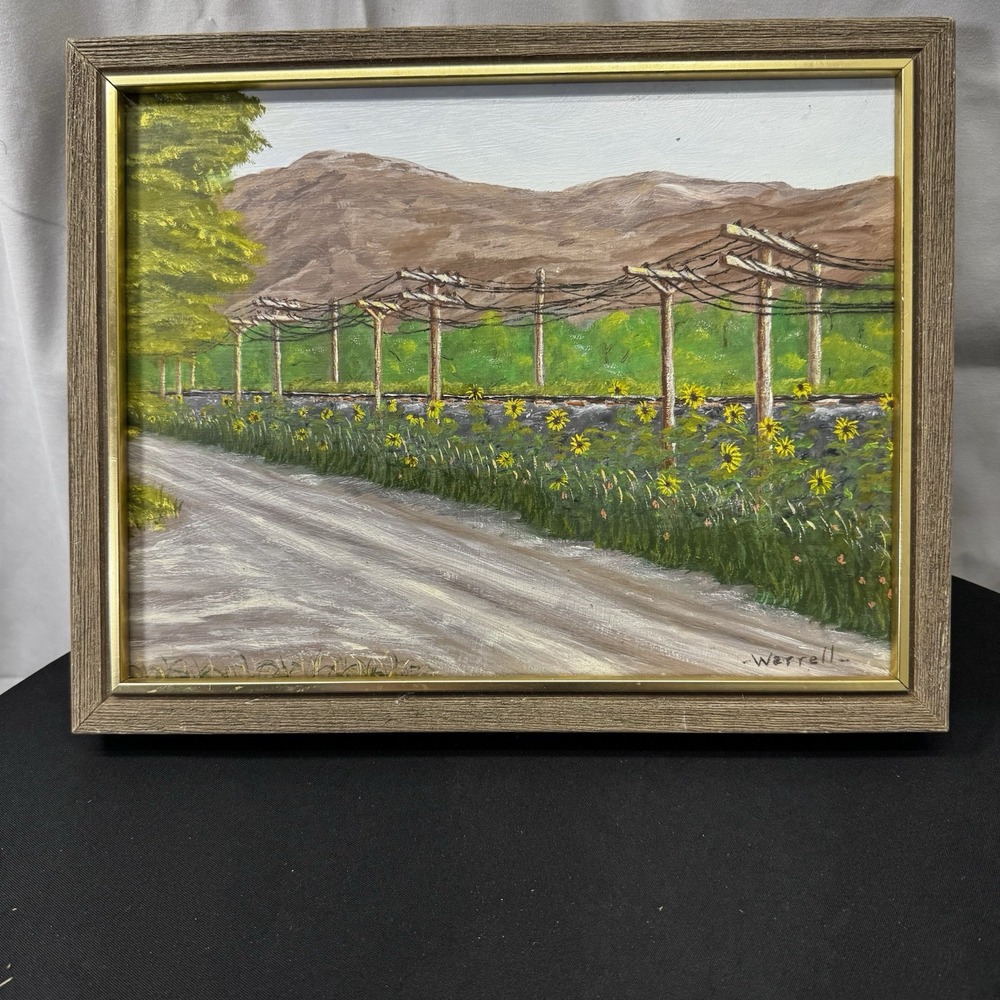 Artist Listed : Warrell Country Scene Train Track Thru Flowers Under Utility Lin